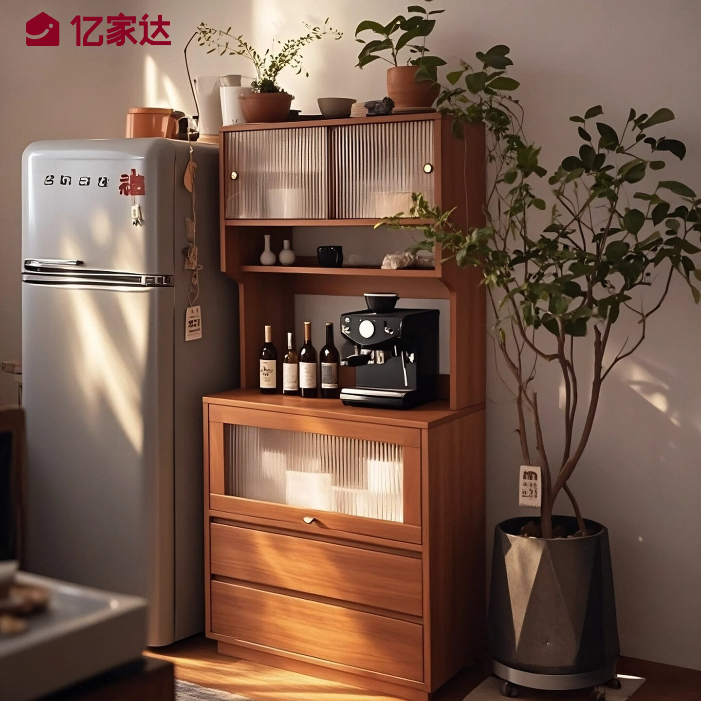 餐边柜靠墙一体厨房橱柜窄柜中古风客厅茶水柜小户型高柜子储物柜