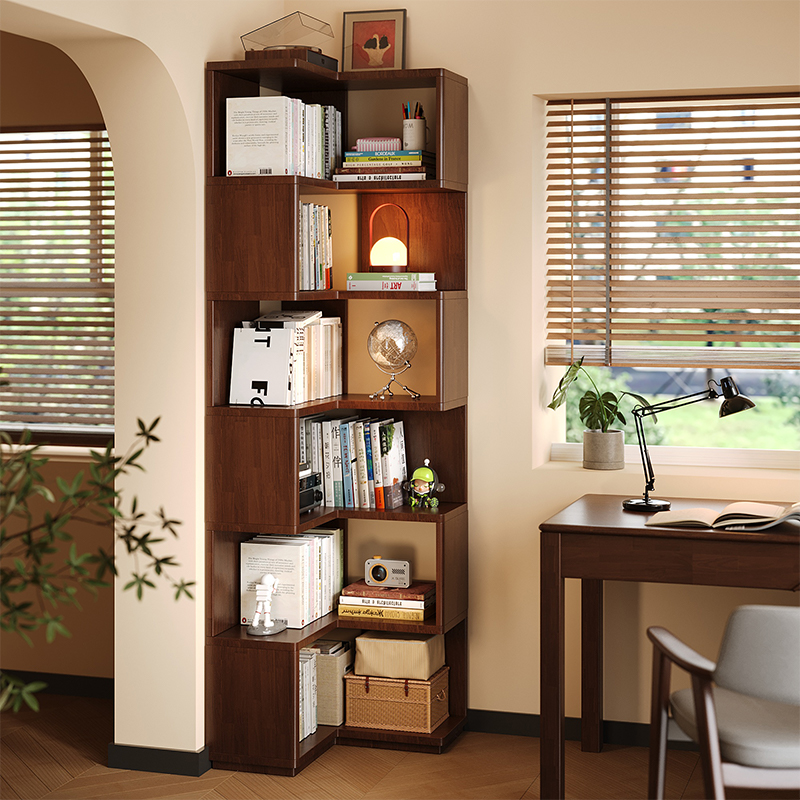 全实木转角书架落地置物架家用拐角书柜储物三角柜一体靠墙展示柜