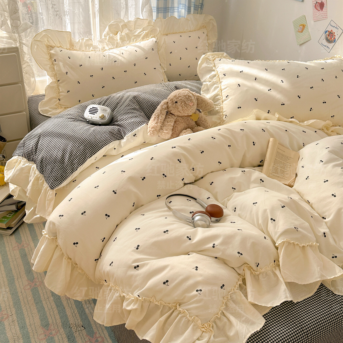 韩系ins风60支全棉水洗棉四件套宿舍三件套公主花边纯棉床单4件套