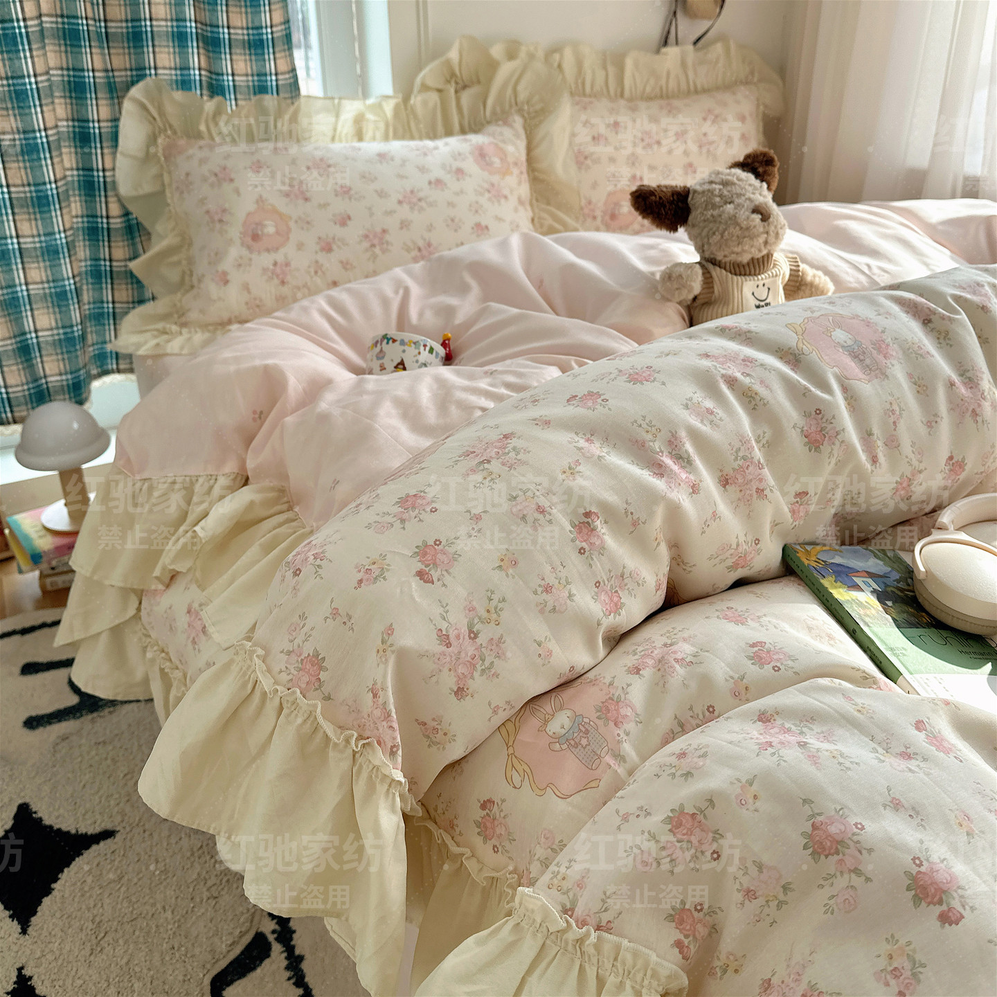 韩系ins风60支纯棉四件套卡通宿舍三件套公主风花边全棉床单4件套