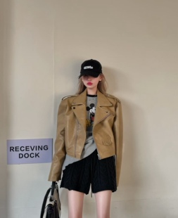 夹克 复古机车皮衣外套女宽松显瘦短款 GOD财神2026早春新款 美式