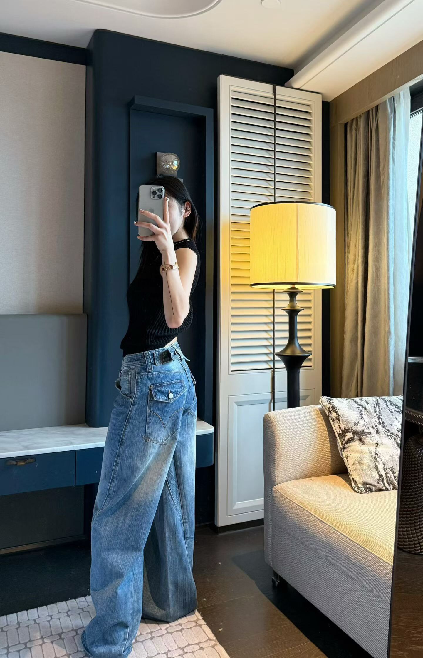 美式巴黎扣腰围水洗竹节纹牛仔裤女复古直筒宽松休闲裤子潮