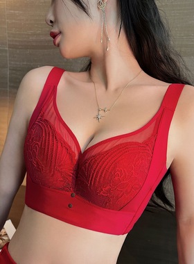 新款34BC内衣中薄杯收副乳聚拢软钢圈文胸红色大胸调整型八五排扣