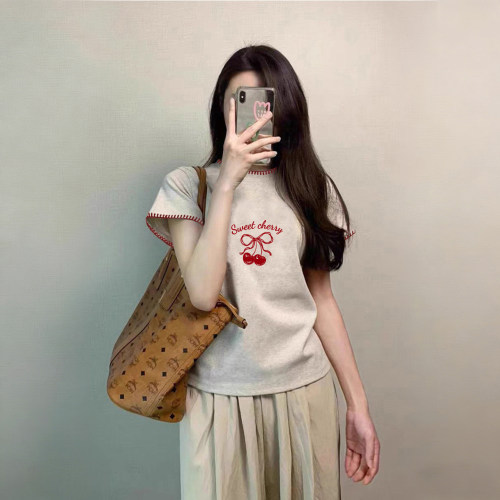 夏季新款灰色撞色短袖T恤女