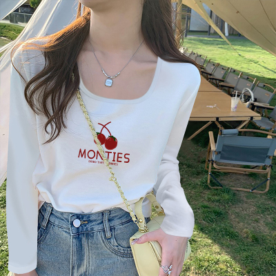 法式方领白色正肩长袖T恤女2025春秋新款纯棉外穿打底衫显瘦上衣