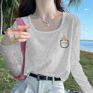 正肩长袖 灰色显瘦方领露锁骨上衣棉质内搭体恤 t恤女2026春秋新款