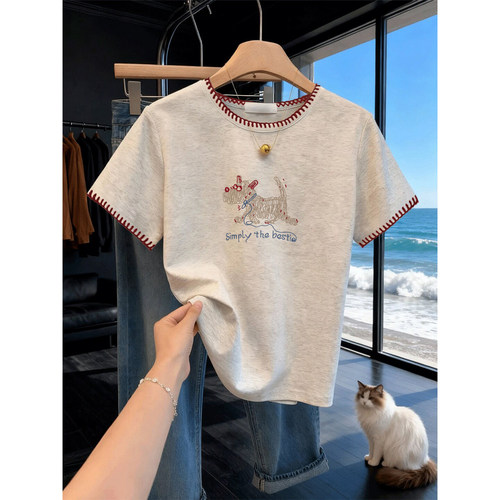 夏季新款美式复古撞色设计感棉质短袖T恤女卡通印花圆领百搭上衣