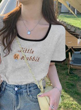 2026春夏季撞色方领T恤女低领纯欲风灰色休闲露锁骨设计短袖上衣