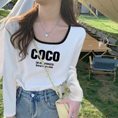 大方领露锁骨上衣修身 打底衫 纯棉白色正肩t恤女 撞色长袖 春秋新款