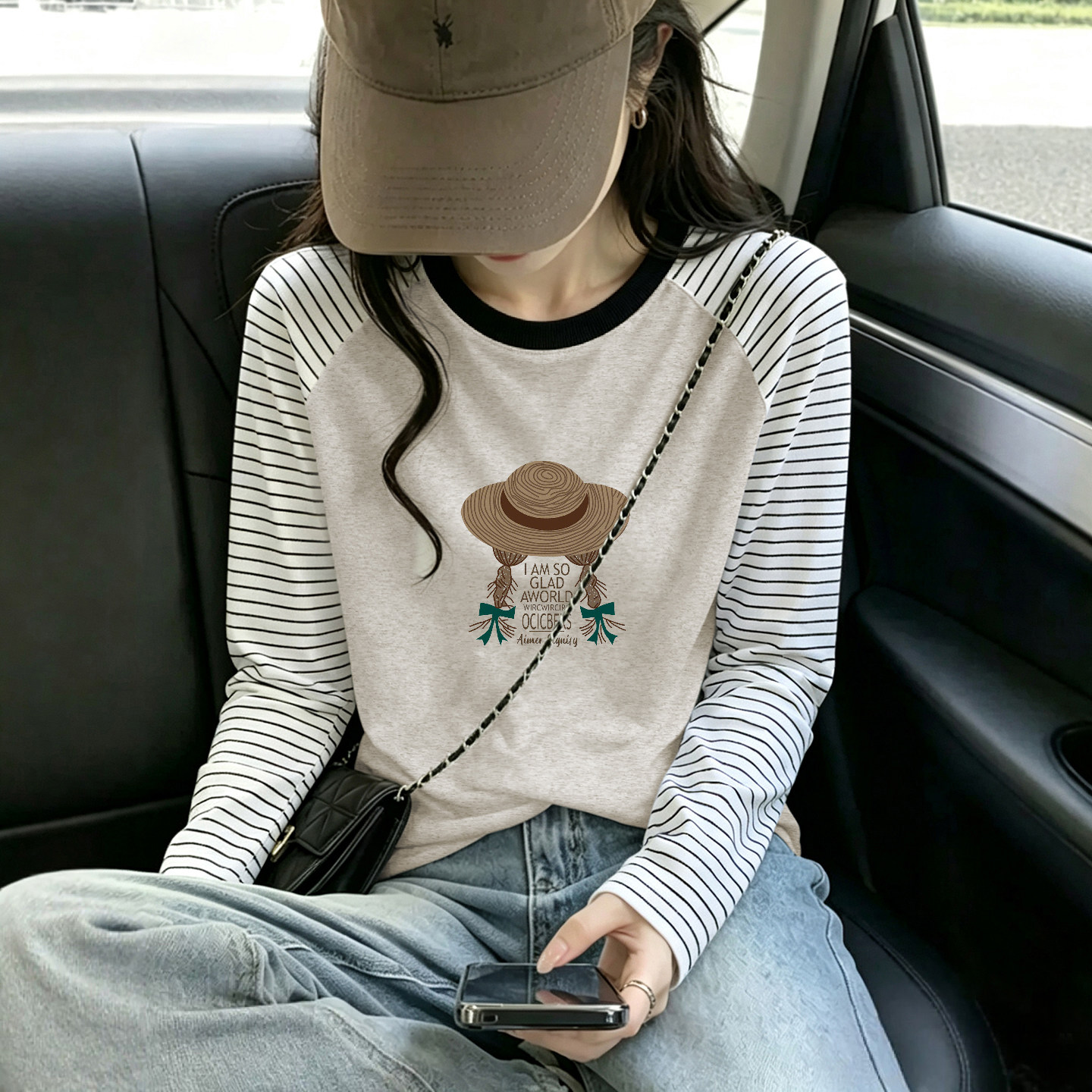 美式复古港风撞色插肩袖条纹长袖T恤女春秋季新款圆领百搭上衣ins