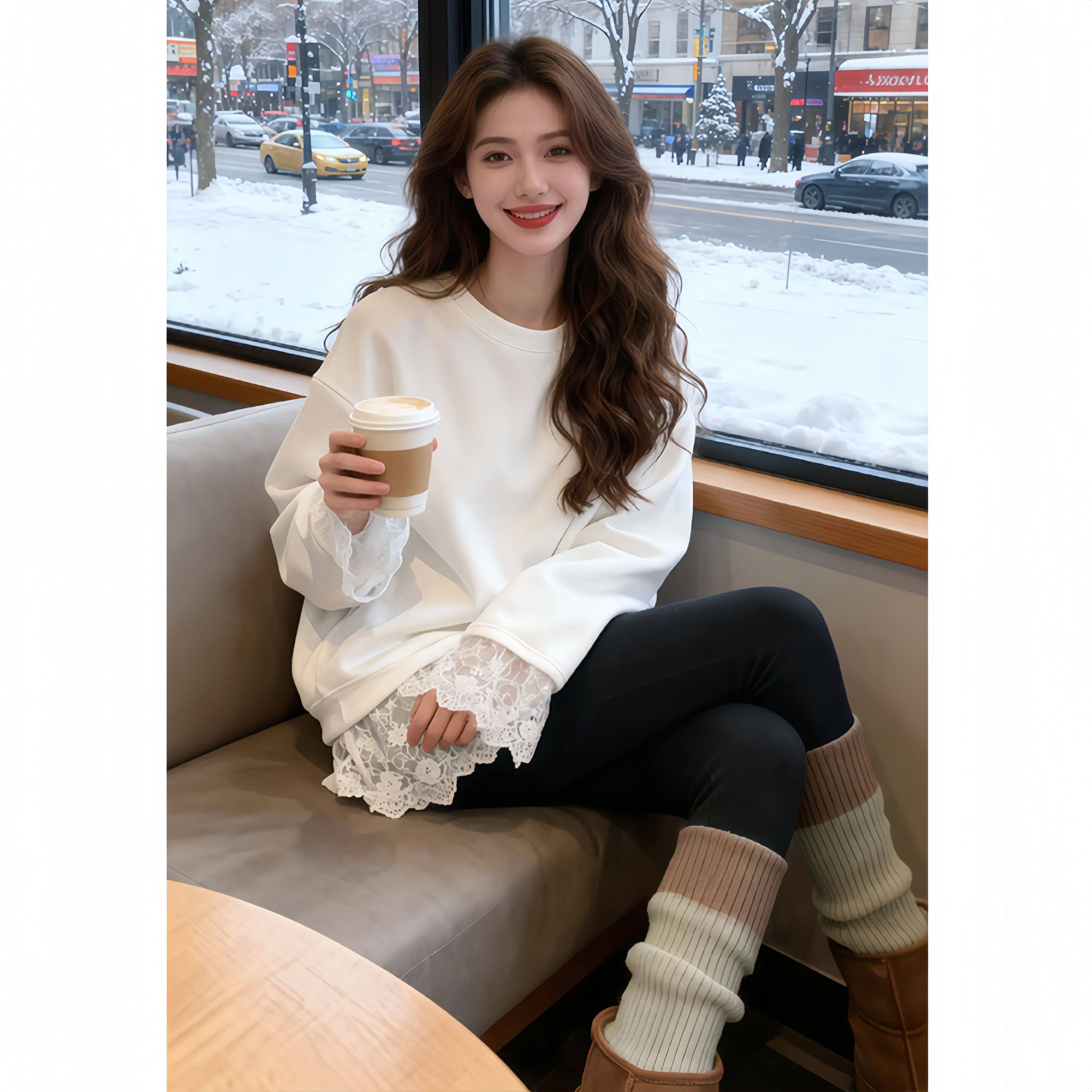 2026春秋白色德绒蕾丝拼接长袖T恤女中长款宽松叠穿打底衫上衣,女装/女士精品,T恤,淘宝优惠券,粉丝福利购,淘宝优惠卷