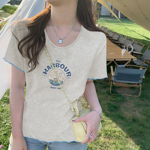 时尚气质u领短袖t恤女夏季潮流新款撞色休闲百搭显瘦92棉体恤上衣