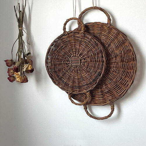 柳藤手工编织复古乡村双耳托盘天然植物深色餐垫隔热垫悬挂收纳