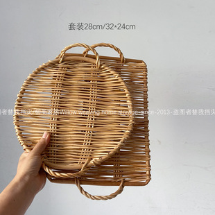 藤编竹编手工面包托盘圆形长方形装饰挂盘陈列展示篮筐子柳尚家居