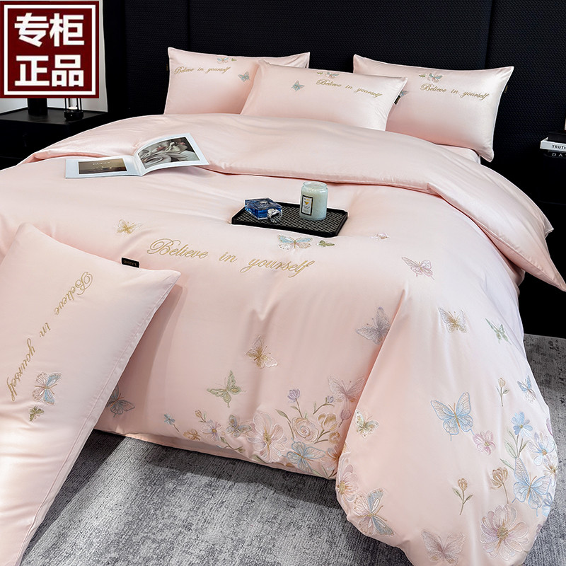 100支纯棉四件套贡缎长绒棉绣花
