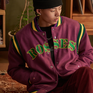 ChillHigh冬玫瑰宝石毛呢玫瑰刺绣美式 街头厚保暖棒球服夹克夹棉