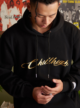 ChillHigh 基础复古美式 烫金花体字 宽松套头加绒加厚保暖卫衣