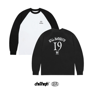 长袖 ChillHigh 圆领重磅纯棉男女同款 植绒工艺 T恤 复古拼接插肩款