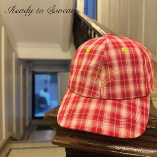 READY TO SWEAR 小八同款格纹纯棉撞色刺绣棒球帆布调节鸭舌帽