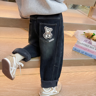 洋气宝宝加厚裤 一体绒儿童保暖休闲老爹裤 子 秋冬季 女童加绒牛仔裤