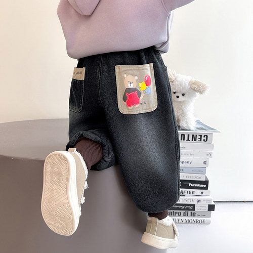 女童加绒牛仔裤秋冬季2025新款儿童加厚一体绒束脚裤宝宝休闲裤子