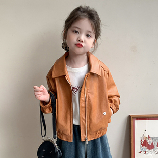 洋气女孩上衣潮 女童秋装 复古皮衣外套韩版 儿童夹克宝宝春秋款 薄款