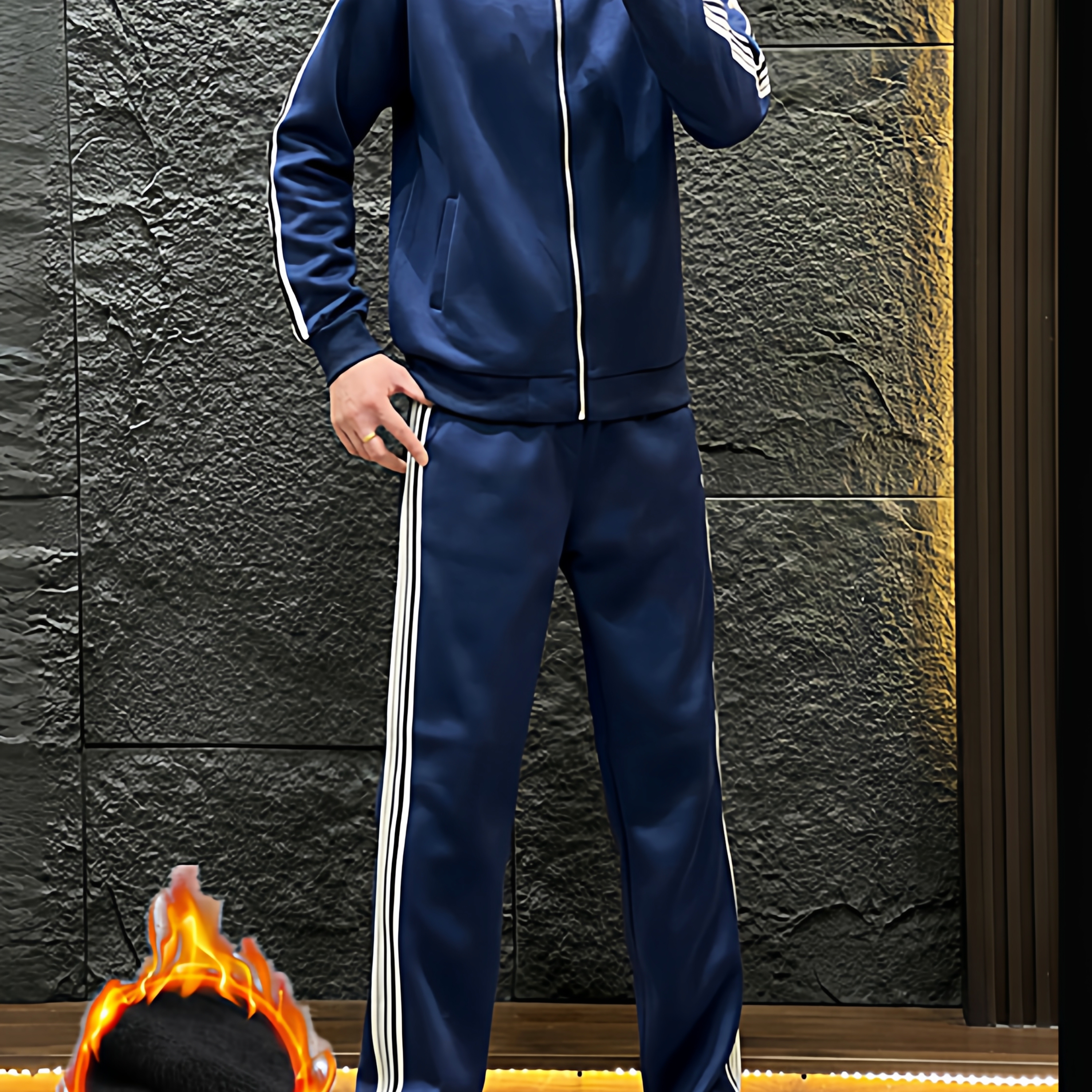 冬季潮牌宽松立领运动套装男士撞色条纹开衫外套直筒休闲裤两件套