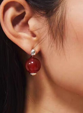 新款港风复古时髦耳环欧美红色玛瑙耳坠法式时尚小资小众毛衣链