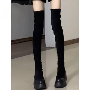 过膝长靴女增高长筒靴厚底靴绒面弹力靴超高筒骑士靴ins潮松糕底