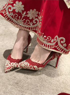 2026新中式刺绣红色秀禾鞋女尖头婚鞋新娘鞋婚纱性感气质高跟鞋