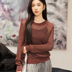 如缤RUBIN春装新女装长袖镂空宽松毛针织衫套头6A12M63518两件套