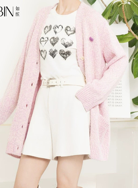 如缤RUBIN春装新款女装圆领爱心图案长袖短T上衣6A11T61771T恤衫