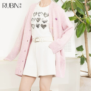 如缤RUBIN春装新款女装圆领爱心图案长袖短T上衣6A11T61771T恤衫
