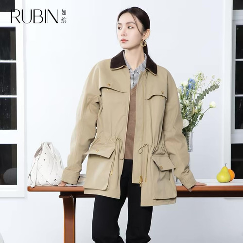 如缤RUBIN秋装新款女装休闲风工装卡其休闲短外套风衣6A34F63678