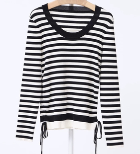 如缤RUBIN春装新款女装长袖休闲风条纹圆领针织衫6A11M61850