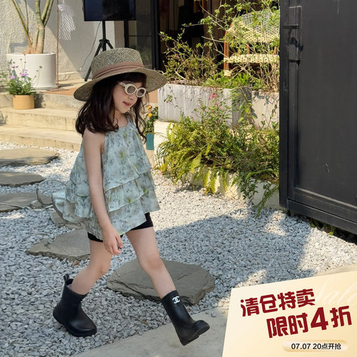 柒号童仓女童水墨挂脖吊带2025夏装新款蛋糕裙圆领森系背心裙潮