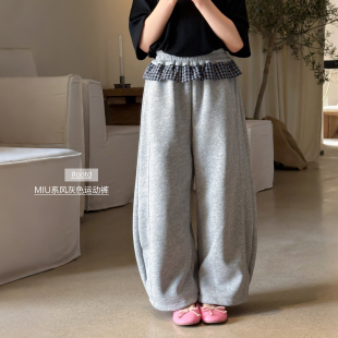 儿童垂坠感弯刀长裤 新款 春装 柒号童仓女大童慵懒花边拼接阔腿卫裤