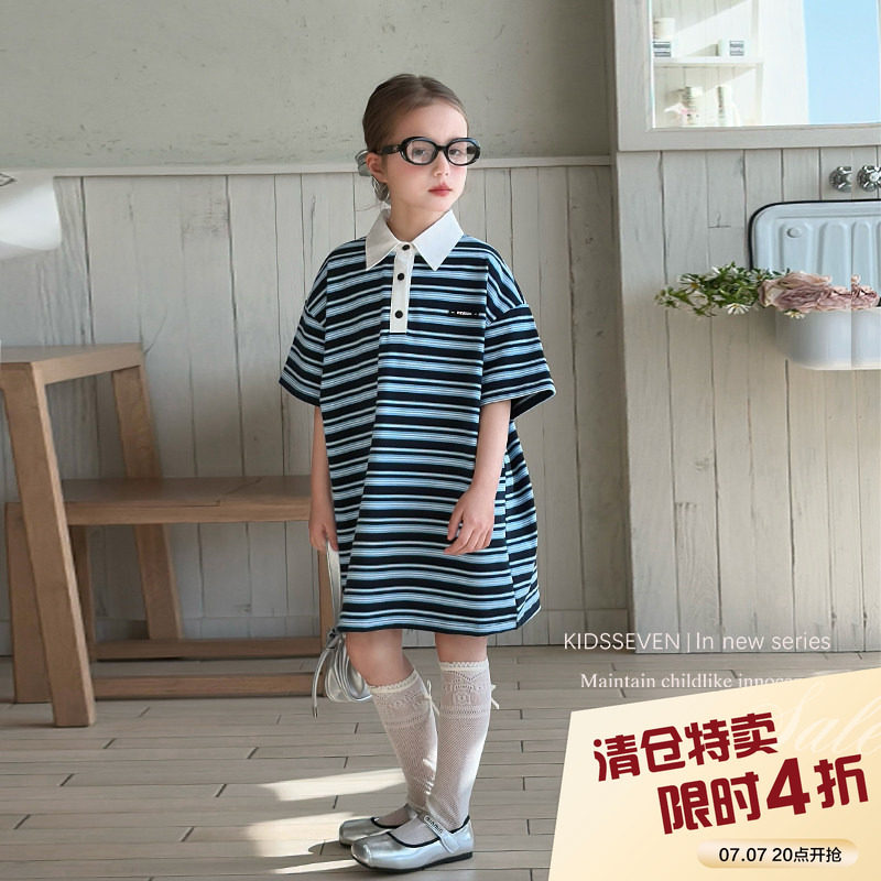 柒号童仓女童韩版时髦条纹短袖T裙春装新款Polo领休闲连衣裙潮图片