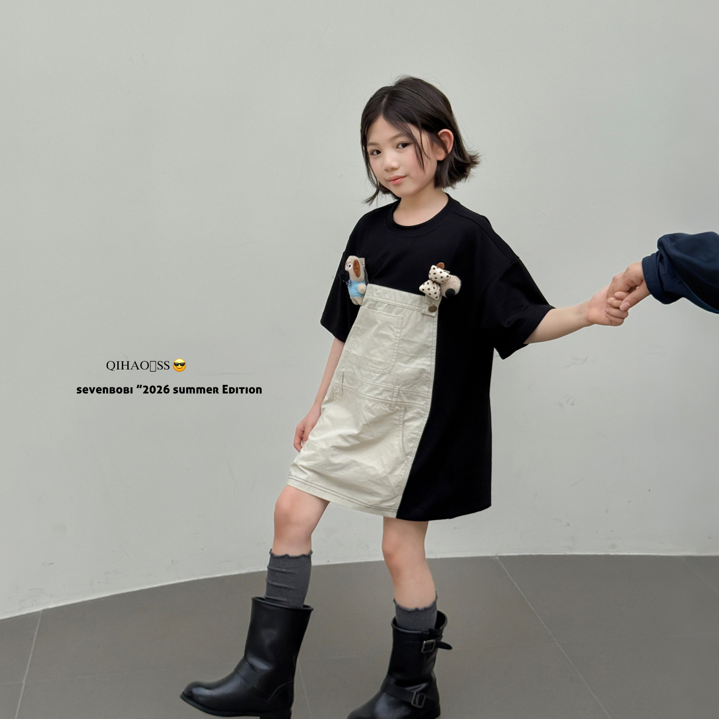 柒号童仓女大童韩系假两件立体玩偶连衣裙夏装新款设计感拼接T裙