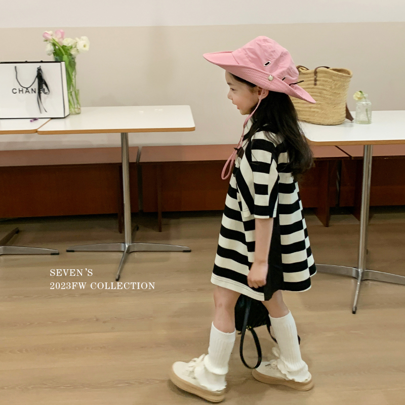 柒号童仓女童韩版休闲条纹短袖T裙夏装新款POLO领简约宽松裙子潮
