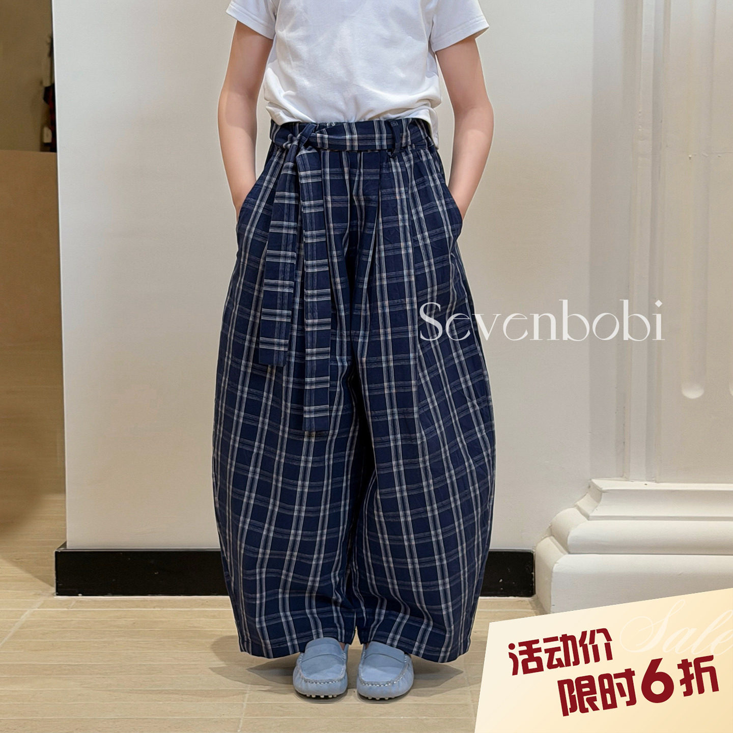 【亲子】柒号童仓女大童美式复古格纹弯刀裤春装新款儿童阔腿长裤图片