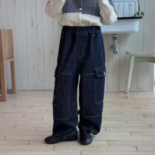 时髦大口袋牛仔裤 休闲裤 春装 儿童高腰工装 潮 新款 柒号童仓女童韩版