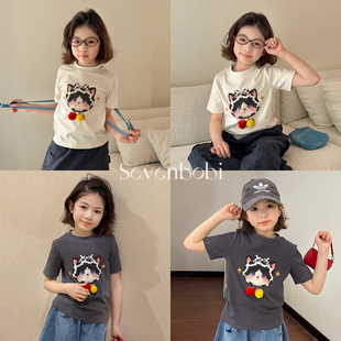 【亲子】柒号童仓女大童猫咪短袖T恤春夏新款儿童洋气正肩上衣潮
