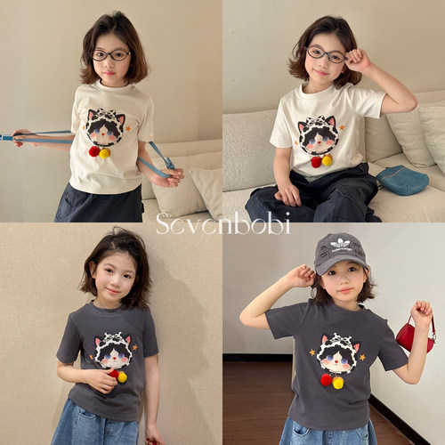 【原创卡通插画】柒号童仓女大童猫咪短袖T恤夏装儿童洋气上衣