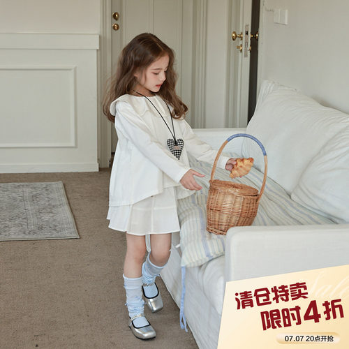 柒号童仓女童韩版荷叶领长袖衬衫春装新款儿童简约白色翻领上衣潮