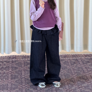儿童休闲高腰直筒裤 柒号童仓女大童韩版 新款 秋装 设计感花边牛仔裤