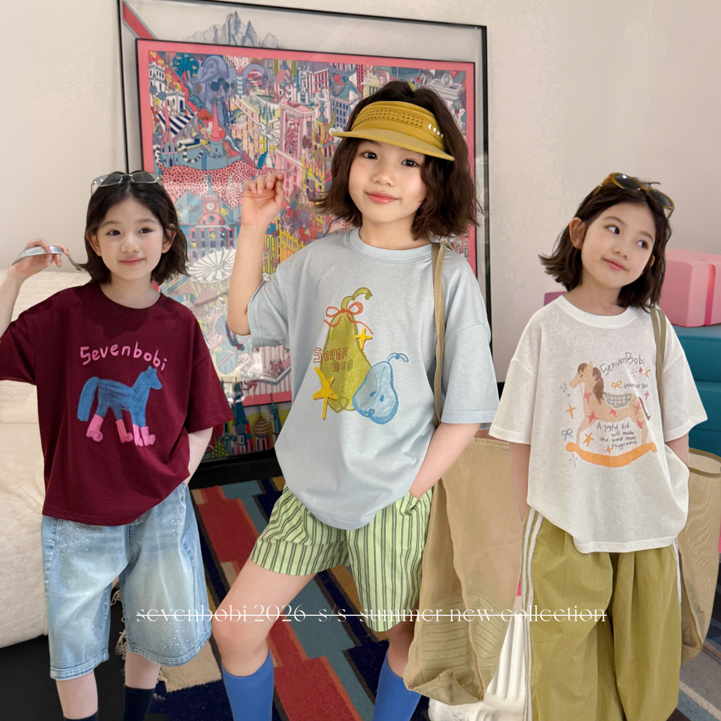 亲子/柒号童仓女大童韩系洋气卡通短袖T恤夏装儿童宽松休闲上衣潮