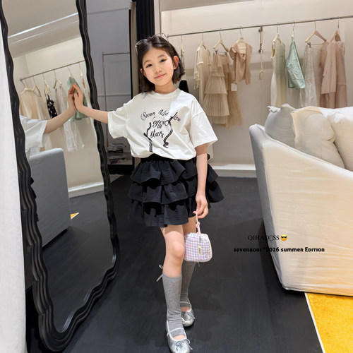 【一套入】柒号童仓女大童甜美套装夏装蝴蝶结短袖T恤蛋糕半身裙