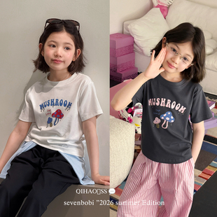 柒号童仓女大童韩系短款圆领印花短袖夏装新款儿童可爱蘑菇小短T