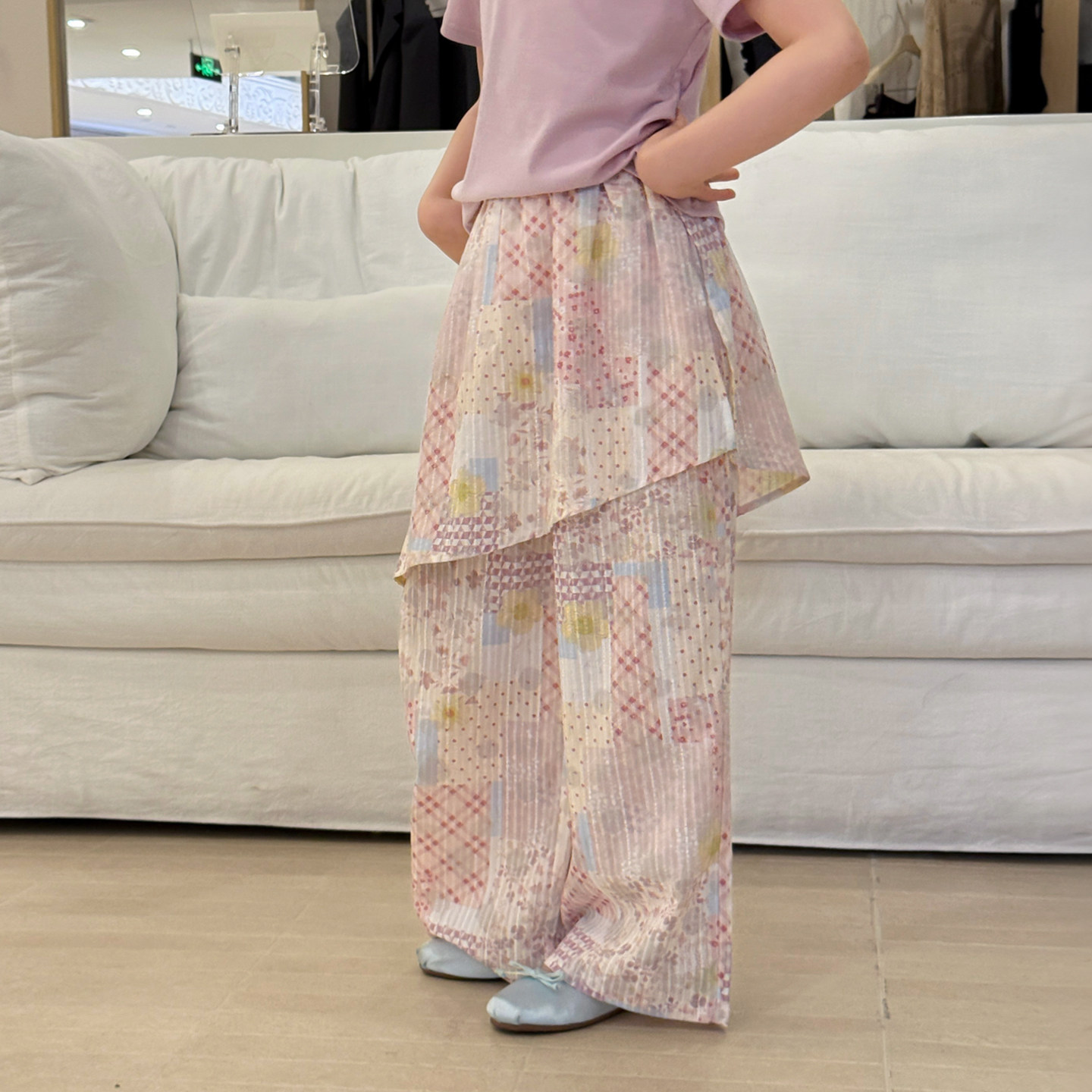 柒号童仓儿童韩版氛围感屁帘裤夏装女大童假两件拼接长裤阔腿裤